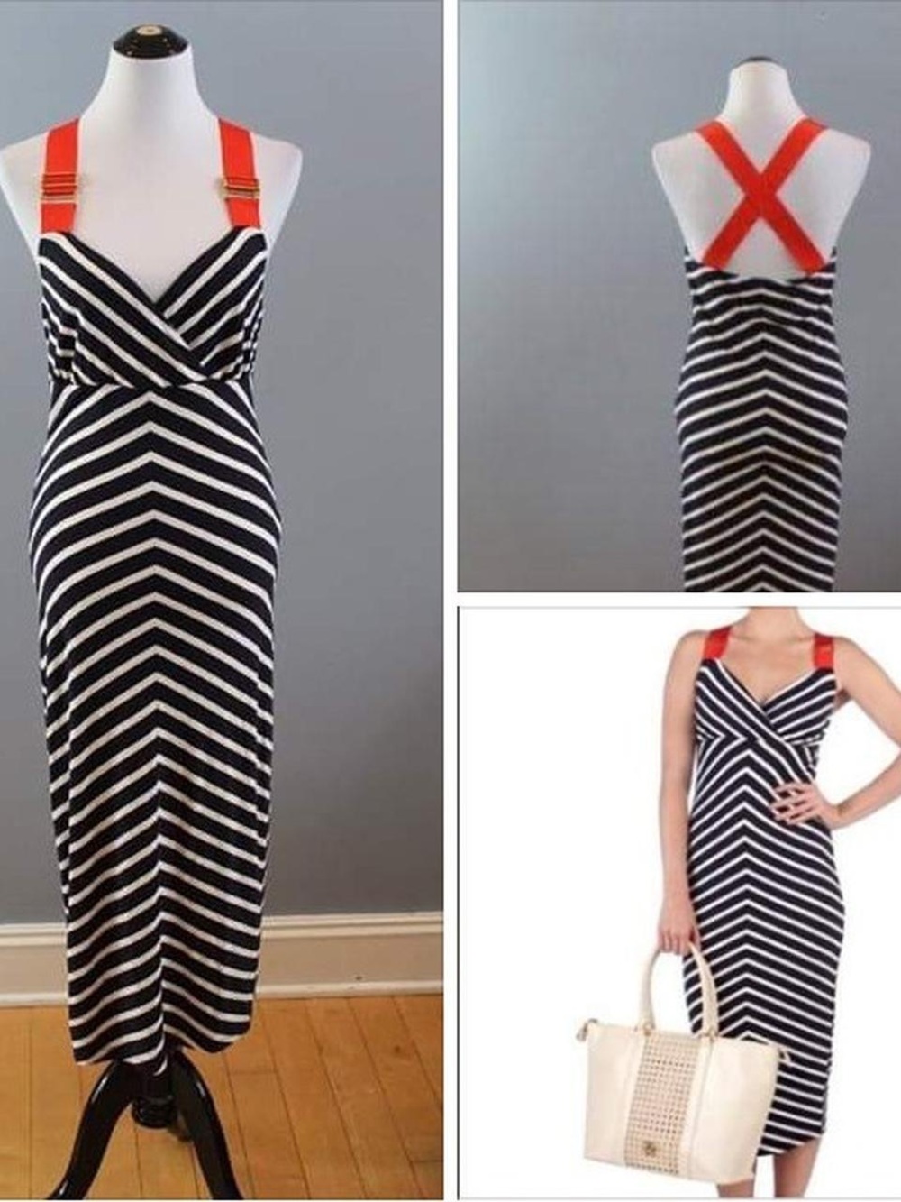 Ted Baker Navy & White Chevron Midi Dress with Red Strap Detail 0